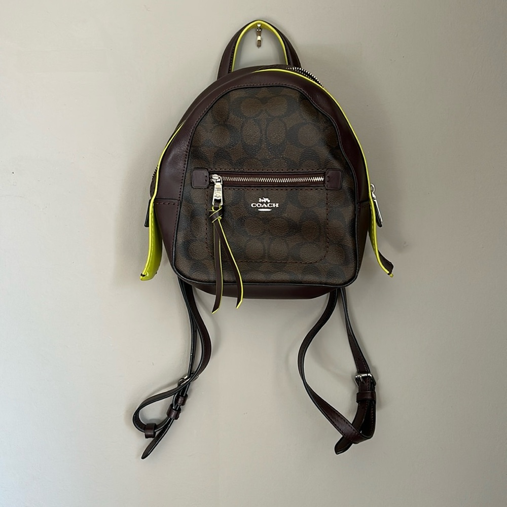 COACH leather Andi Convertible brown/neon green signature mini backpack/purse